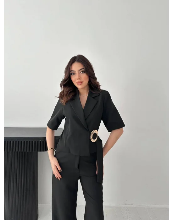 Kadın Toka Detaylı Siyah Ceket Pantolon Takım