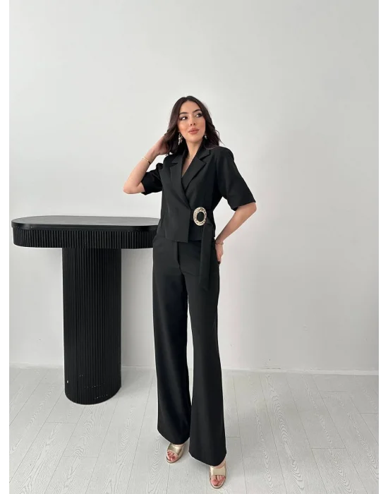 Kadın Toka Detaylı Siyah Ceket Pantolon Takım