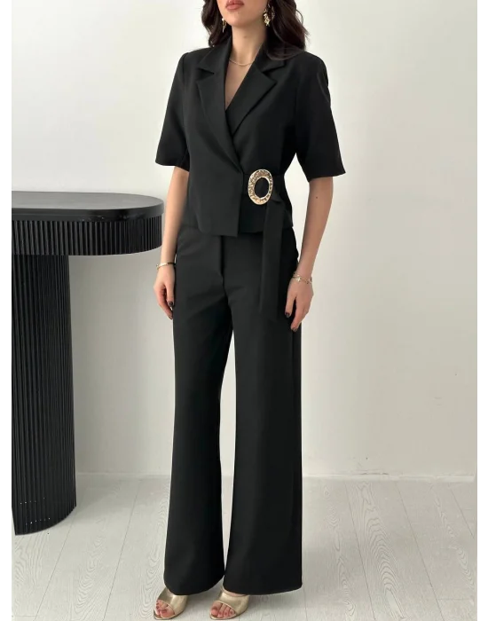 Kadın Toka Detaylı Siyah Ceket Pantolon Takım