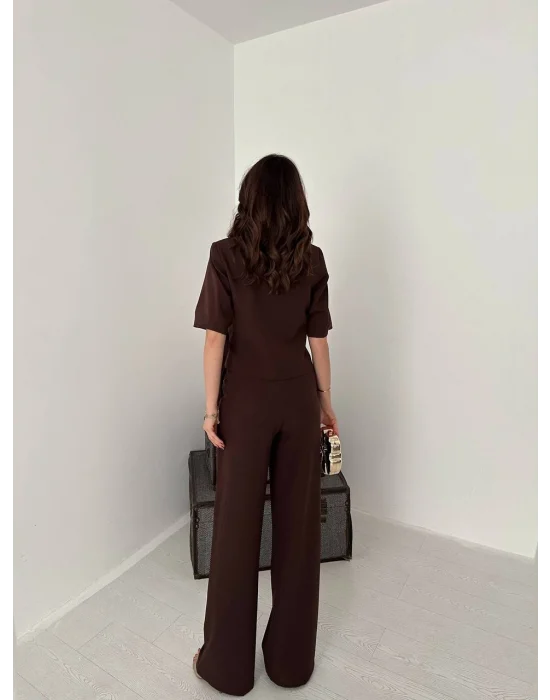 Kadın Toka Detaylı Kahverengi Ceket Pantolon Takımı