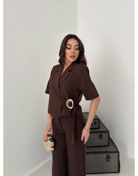 Kadın Toka Detaylı Kahverengi Ceket Pantolon Takımı