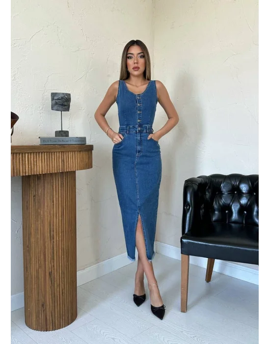 Kadın Likralı Düğmeli Askılı Kot Elbise