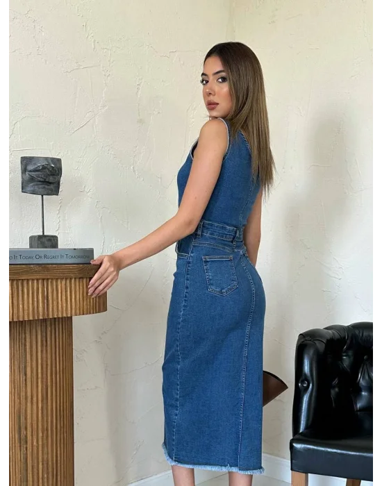 Kadın Likralı Düğmeli Askılı Kot Elbise