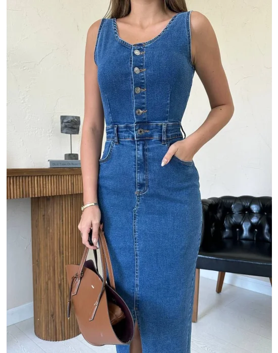 Kadın Likralı Düğmeli Askılı Kot Elbise