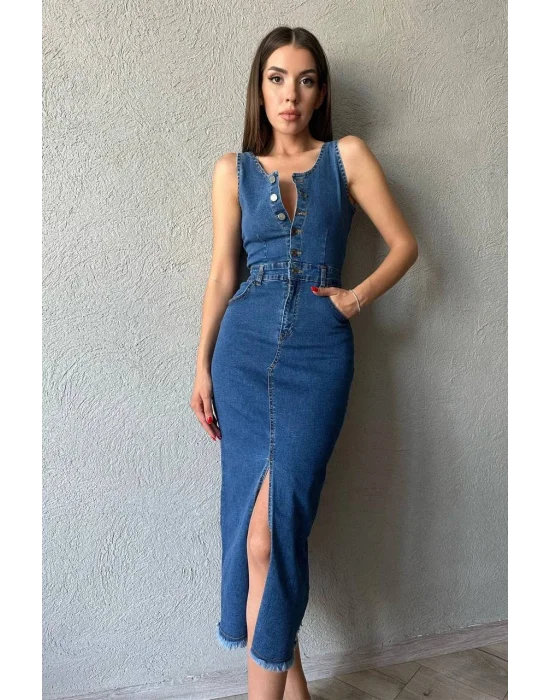 Kadın Likralı Düğmeli Askılı Kot Elbise