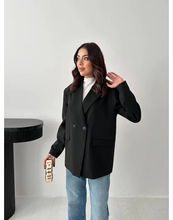 Kadın Kruvaze Oversize Siyah Blazer Ceket