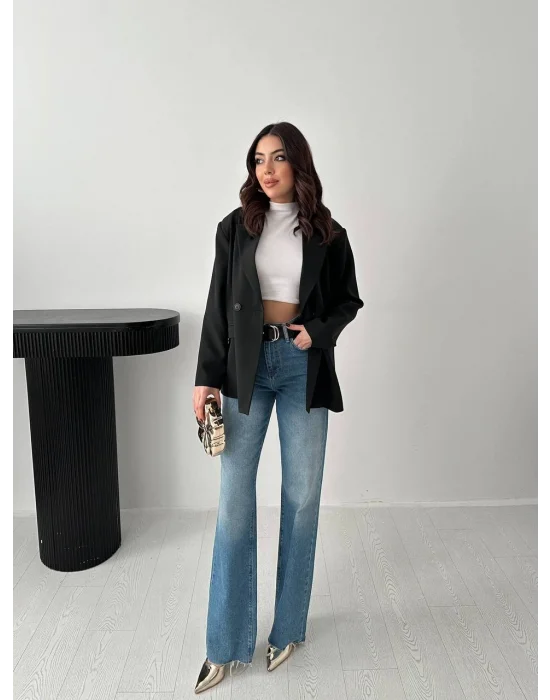 Kadın Kruvaze Oversize Siyah Blazer Ceket