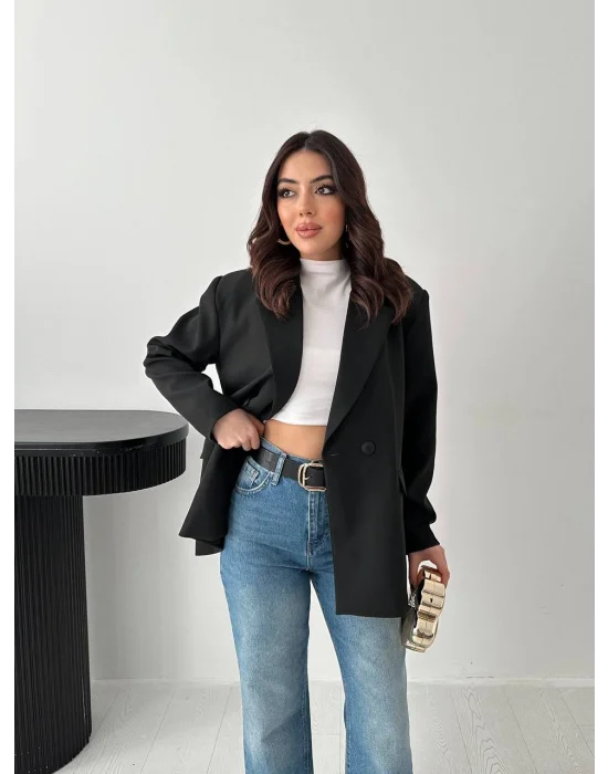 Kadın Kruvaze Oversize Siyah Blazer Ceket