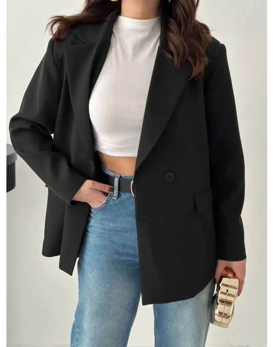 Kadın Kruvaze Oversize Siyah Blazer Ceket
