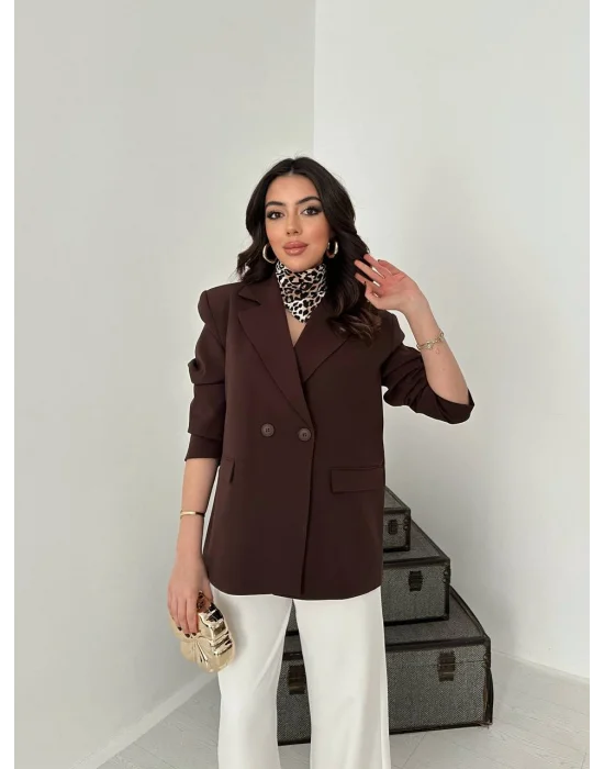Kadın Kruvaze Oversize Kahverengi Blazer Ceket