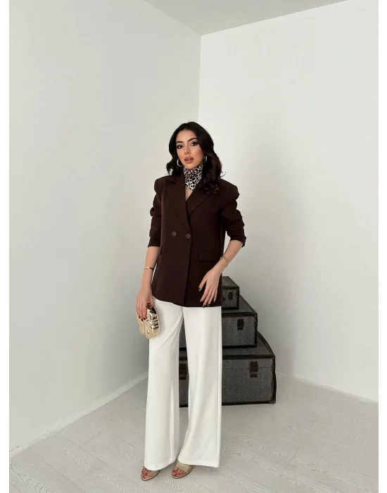 Kadın Kruvaze Oversize Kahverengi Blazer Ceket