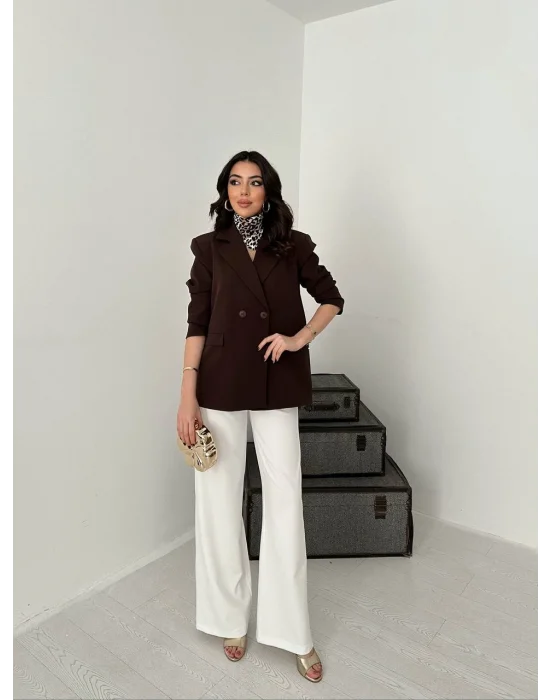 Kadın Kruvaze Oversize Kahverengi Blazer Ceket