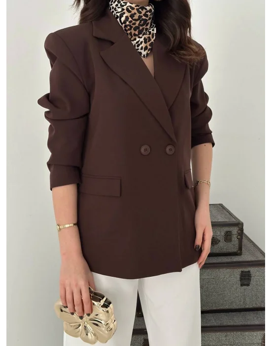Kadın Kruvaze Oversize Kahverengi Blazer Ceket