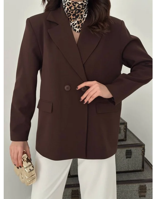 Kadın Kruvaze Oversize Kahverengi Blazer Ceket