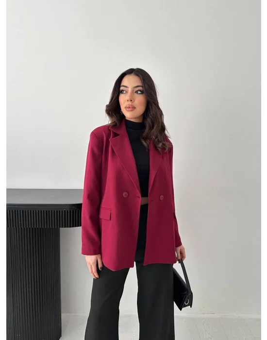 Kadın Kruvaze Oversize Mürdüm Blazer Ceket