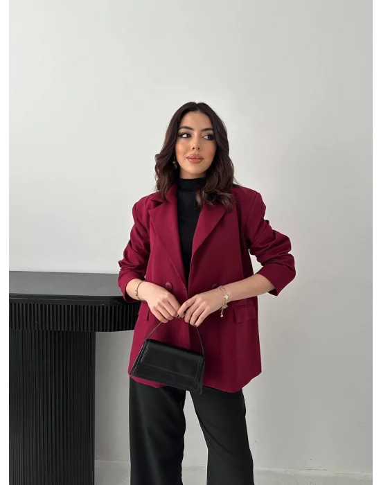 Kadın Kruvaze Oversize Mürdüm Blazer Ceket