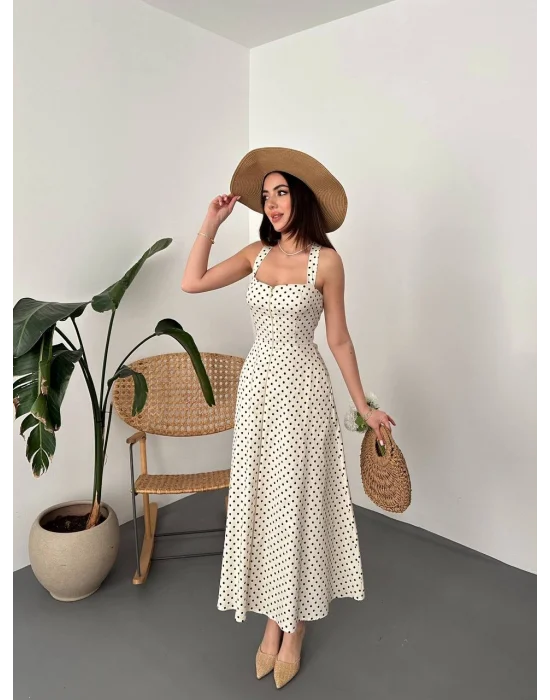 Kadın Puantiyeli Fermuar Detaylı Ekru Elbise