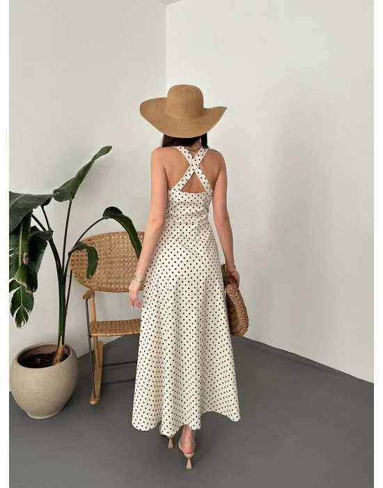 Kadın Puantiyeli Fermuar Detaylı Ekru Elbise