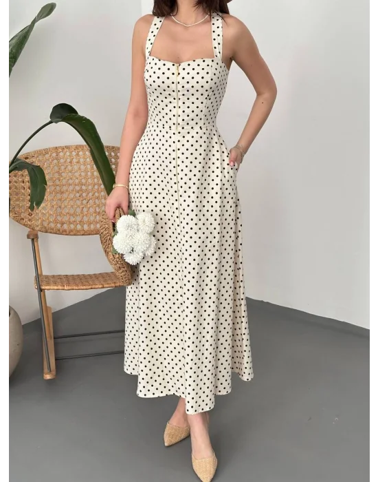 Kadın Puantiyeli Fermuar Detaylı Ekru Elbise