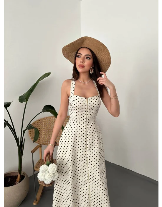 Kadın Puantiyeli Fermuar Detaylı Ekru Elbise