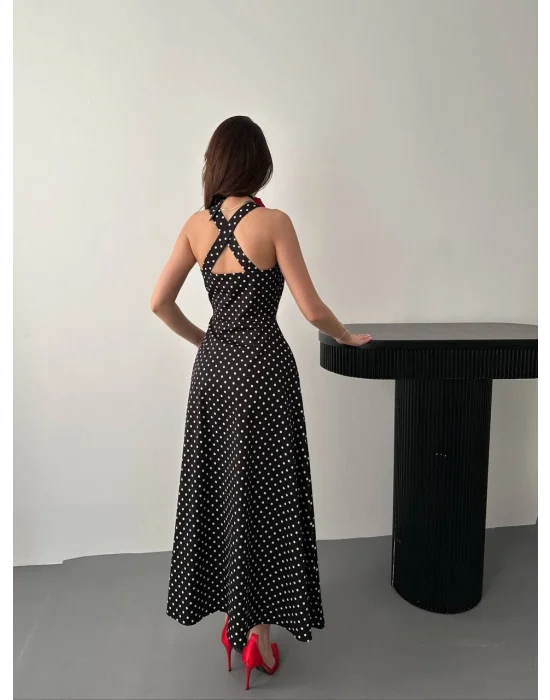 Kadın Puantiyeli Fermuar Detaylı Siyah Elbise