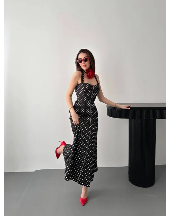 Kadın Puantiyeli Fermuar Detaylı Siyah Elbise