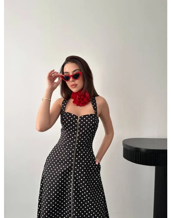 Kadın Puantiyeli Fermuar Detaylı Siyah Elbise