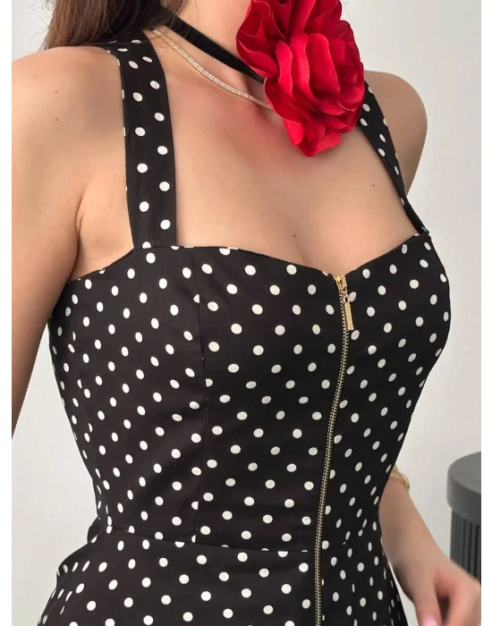 Kadın Puantiyeli Fermuar Detaylı Siyah Elbise