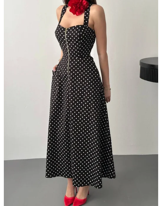 Kadın Puantiyeli Fermuar Detaylı Siyah Elbise