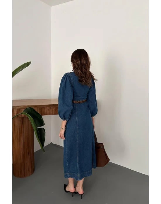 Kadın V Yaka Balon Kol Düğmeli Denim Elbise