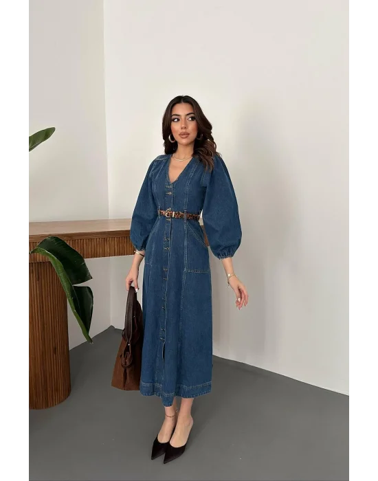 Kadın V Yaka Balon Kol Düğmeli Denim Elbise