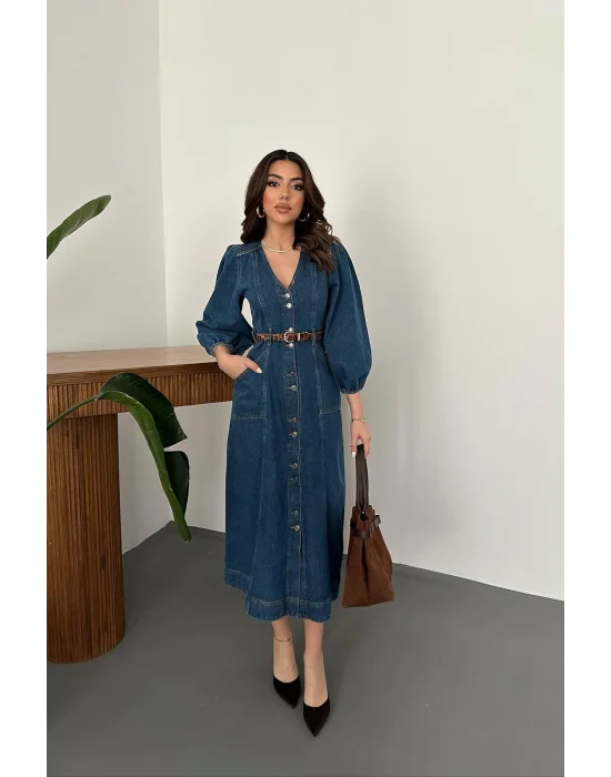 Kadın V Yaka Balon Kol Düğmeli Denim Elbise