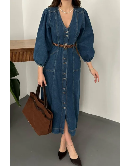 Kadın V Yaka Balon Kol Düğmeli Denim Elbise