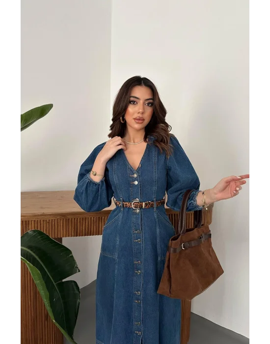 Kadın V Yaka Balon Kol Düğmeli Denim Elbise