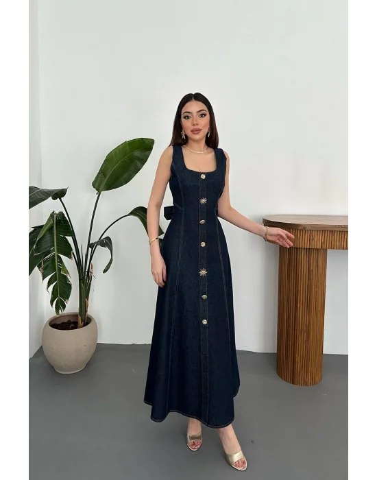 Kadın Koyu Mavi Süs Dügmeli Kuşaklı Kot Elbise