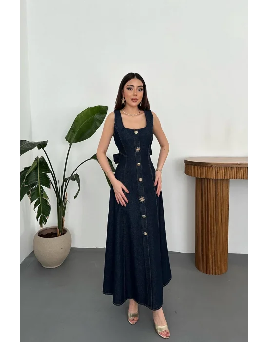 Kadın Koyu Mavi Süs Dügmeli Kuşaklı Kot Elbise