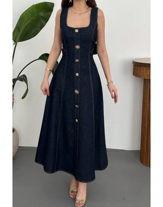 Kadın Koyu Mavi Süs Dügmeli Kuşaklı Kot Elbise