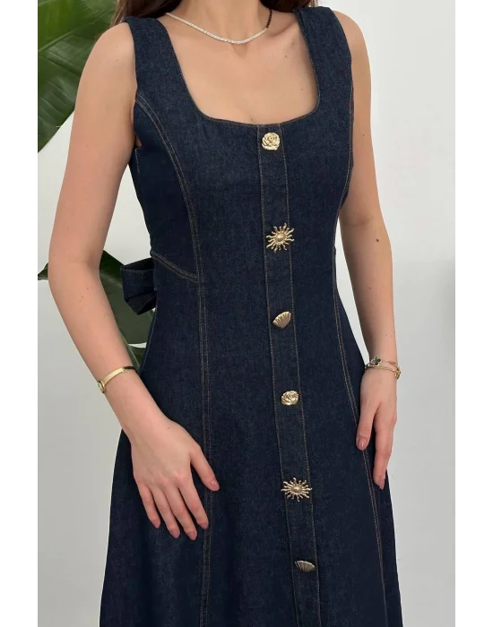 Kadın Koyu Mavi Süs Dügmeli Kuşaklı Kot Elbise