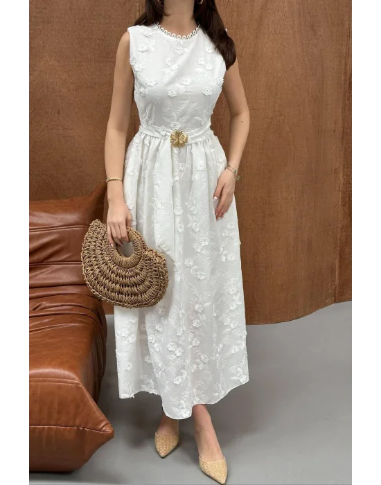 Kadın 3D Brode Detaylı Astarlı Ekru Kolsuz Elbise