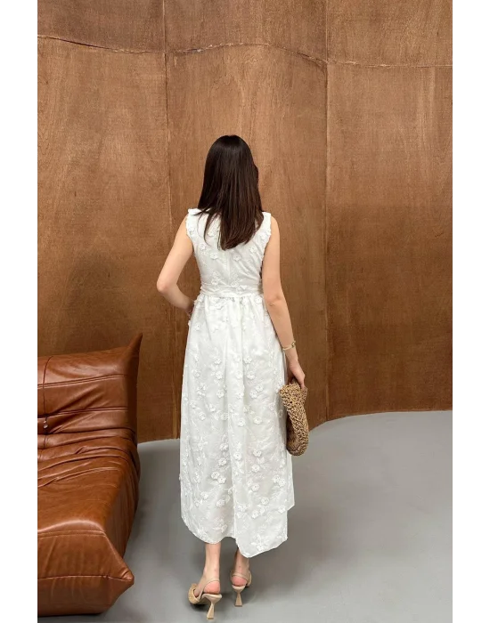 Kadın 3D Brode Detaylı Astarlı Ekru Kolsuz Elbise