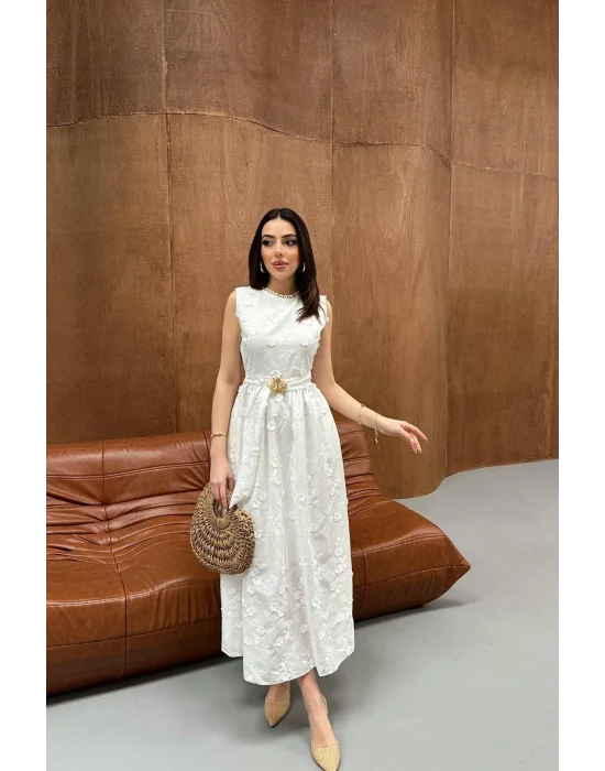 Kadın 3D Brode Detaylı Astarlı Ekru Kolsuz Elbise
