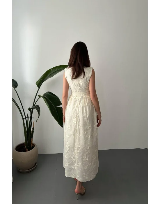 Kadın 3D Brode Detaylı Astarlı Bej Kolsuz Elbise