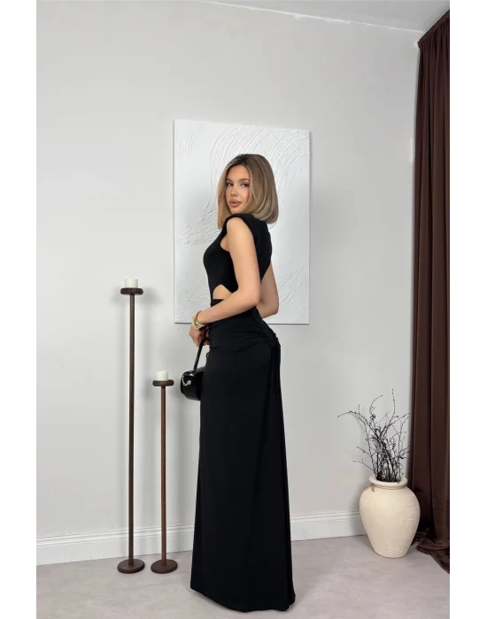 Kadın Vurgulu Omuz Detaylı Bel Dekolteli Büzgülü Siyah Maxi Gece Elbisesi