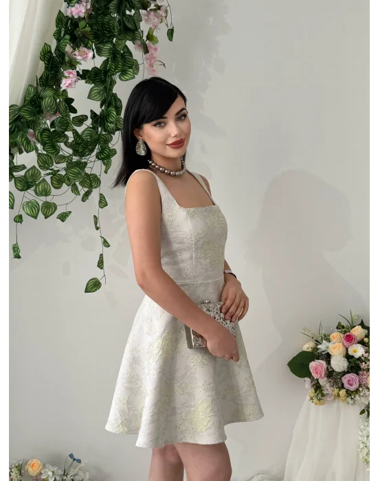 Poles Kare Yaka Jakarlı Prenses Model Sarı Mini Elbise