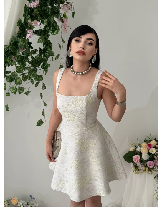 Poles Kare Yaka Jakarlı Prenses Model Sarı Mini Elbise