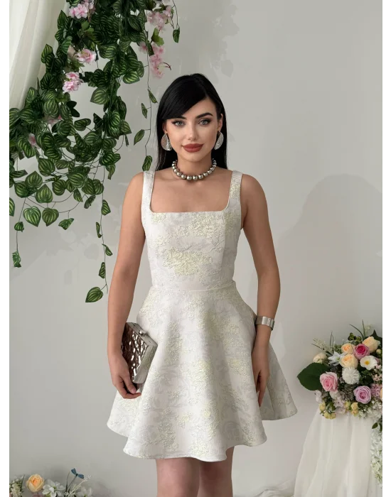 Poles Kare Yaka Jakarlı Prenses Model Sarı Mini Elbise