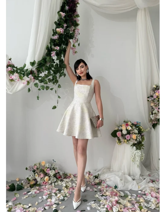 Poles Kare Yaka Jakarlı Prenses Model Sarı Mini Elbise