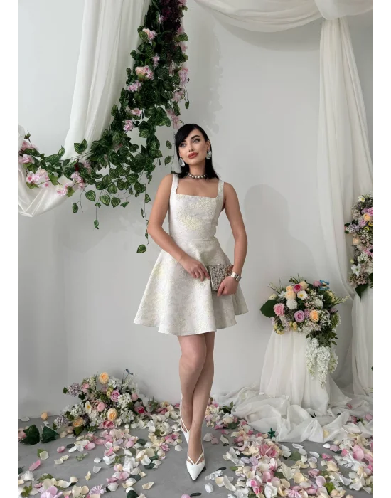 Poles Kare Yaka Jakarlı Prenses Model Sarı Mini Elbise