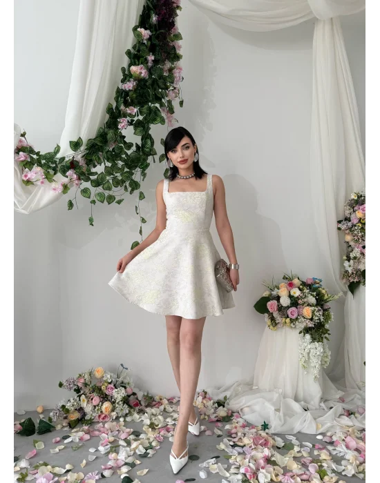 Poles Kare Yaka Jakarlı Prenses Model Sarı Mini Elbise