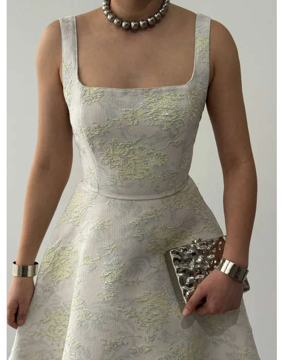 Poles Kare Yaka Jakarlı Prenses Model Sarı Mini Elbise